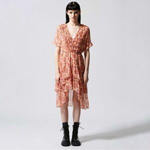 NEW The Kooples Floral Chiffon Frills Ruffled High Low Midi Dress Pink Small